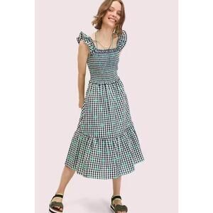 Kate Spade Smoke Black White Checkered Dress with Green Embroidery Sz Small